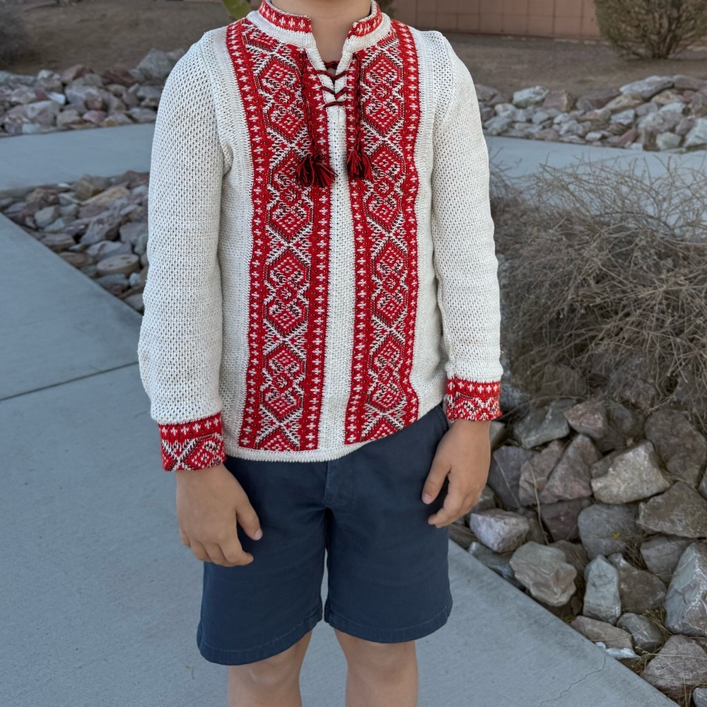 Red and Cream Knit Sweater with Pattern